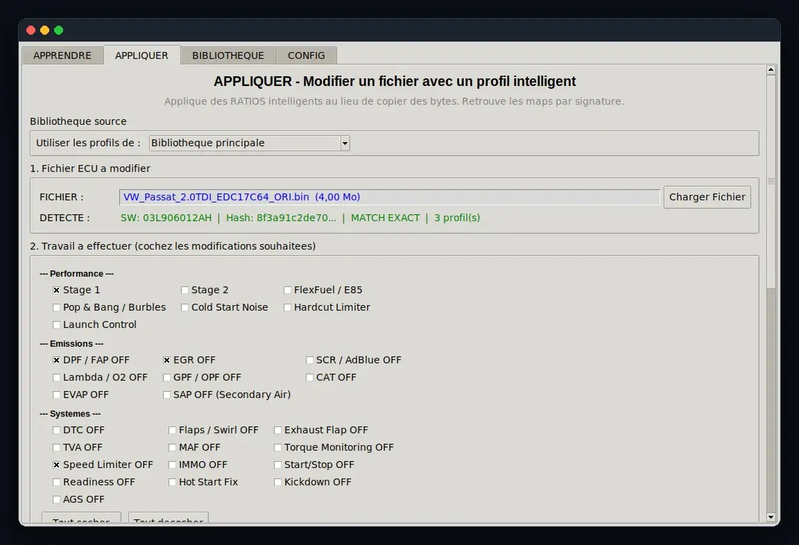 ECU Tuner v4.2 — onglet APPLIQUER